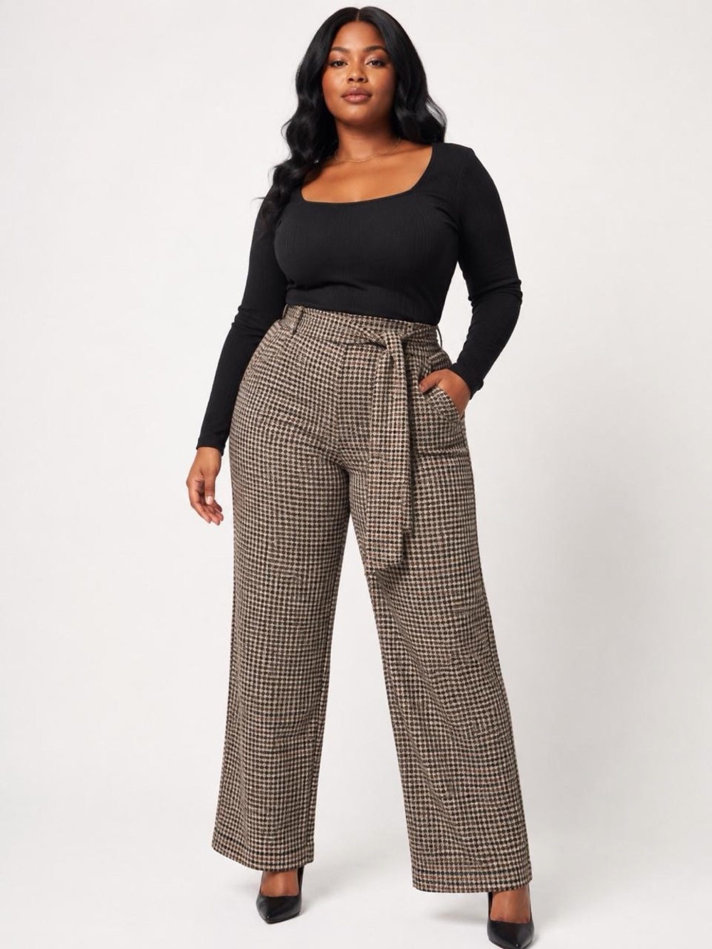 BeBop Houndstooth Wide-Leg Tie-Waist Pants - Black & Tan